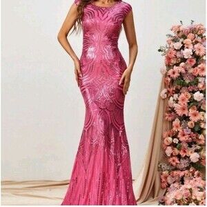 Mermaid Hem Formal Pink Sequin Beaded Formal Gown V-Neck Sleeveless Dress